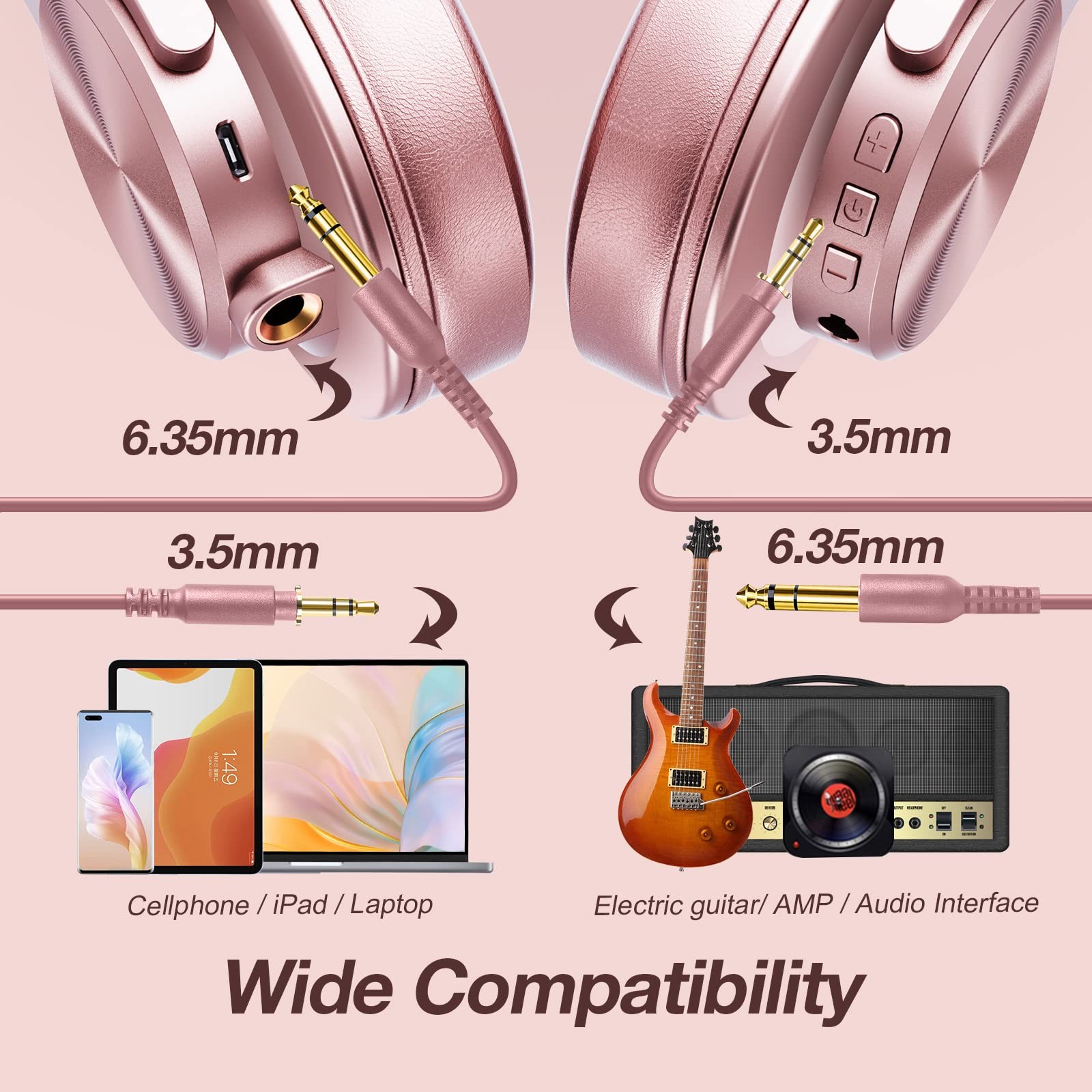 OneOdio A70 Bluetooth Over Ear Headphones for Women and Girls, Pink DJ Headphone
