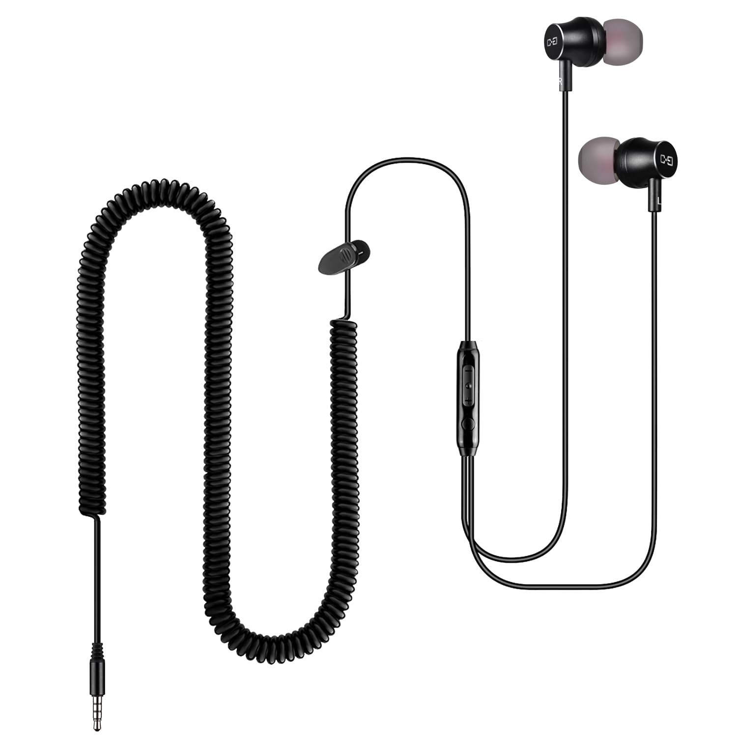 Extra Long Earbuds for TV & PC, with 12FT Spring Coiled Wired 12FT, Black