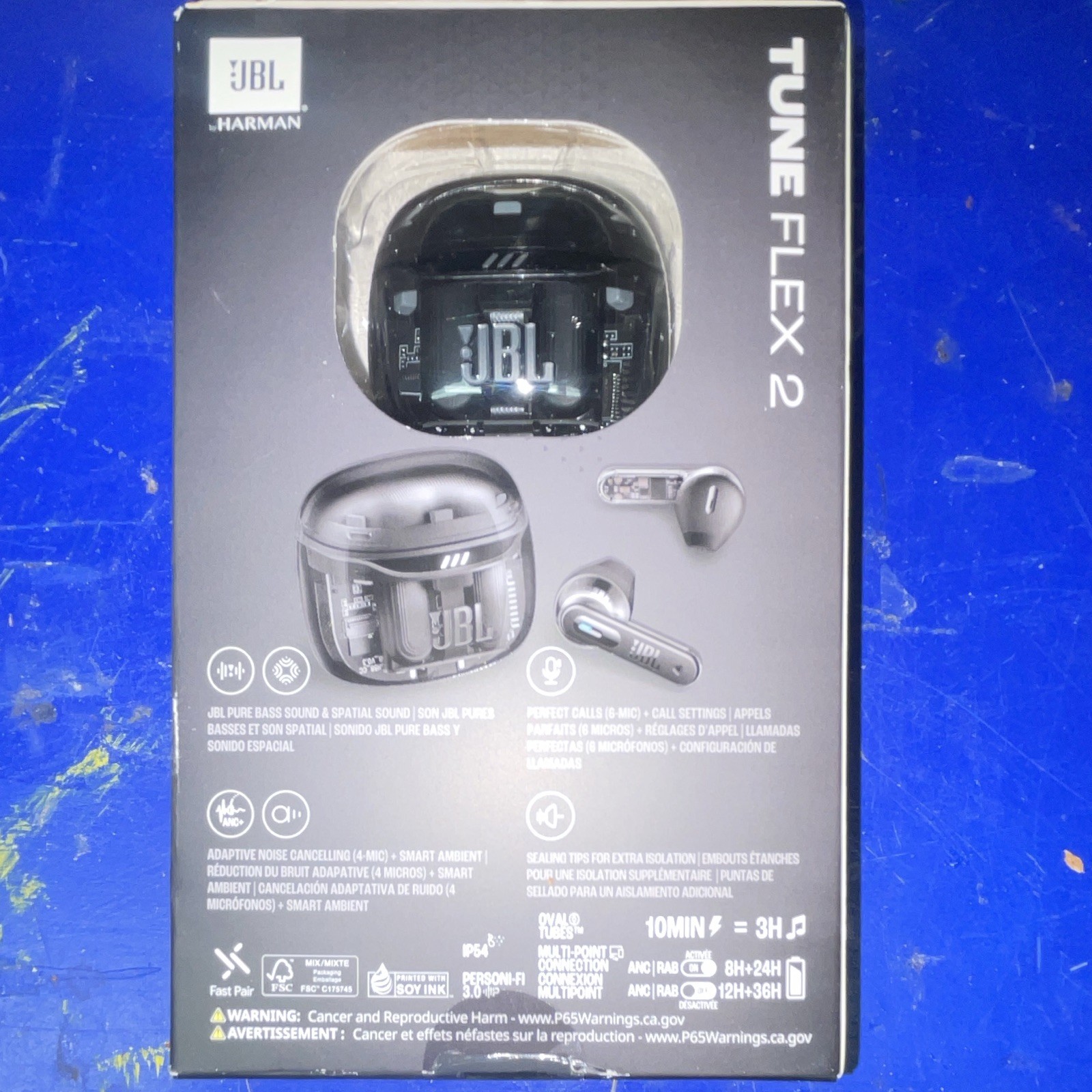 JBL Tune Flex 2 Bluetooth In-Ear Earbuds ANC Spatial Sound Mic Black/Clear