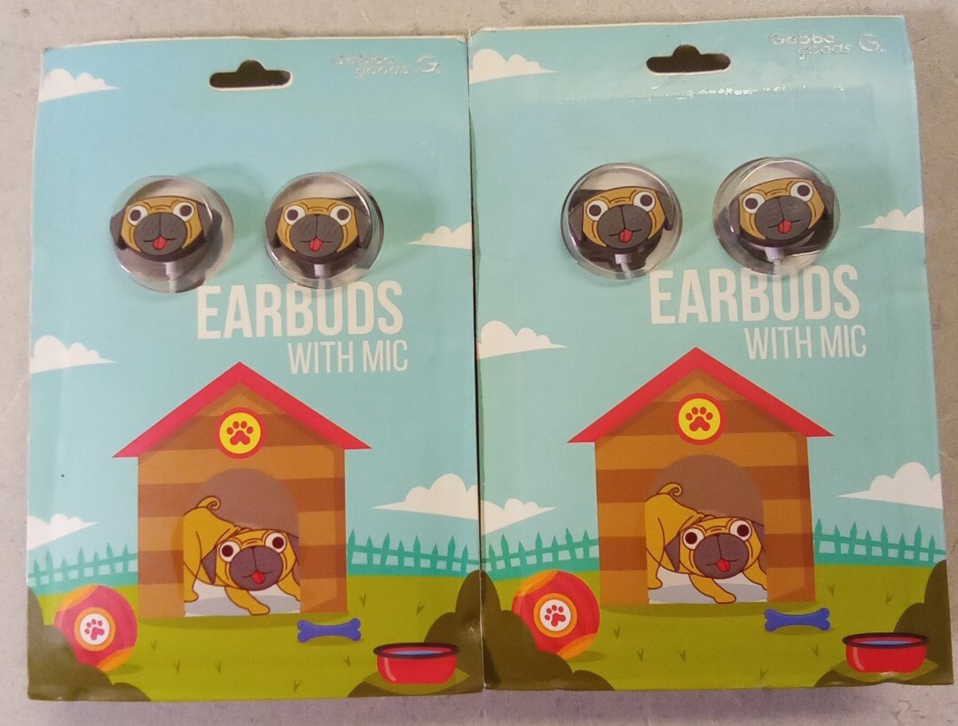 Gabba Goods Pug Dog Earbuds with Mic. White Cable. Lot of 2.