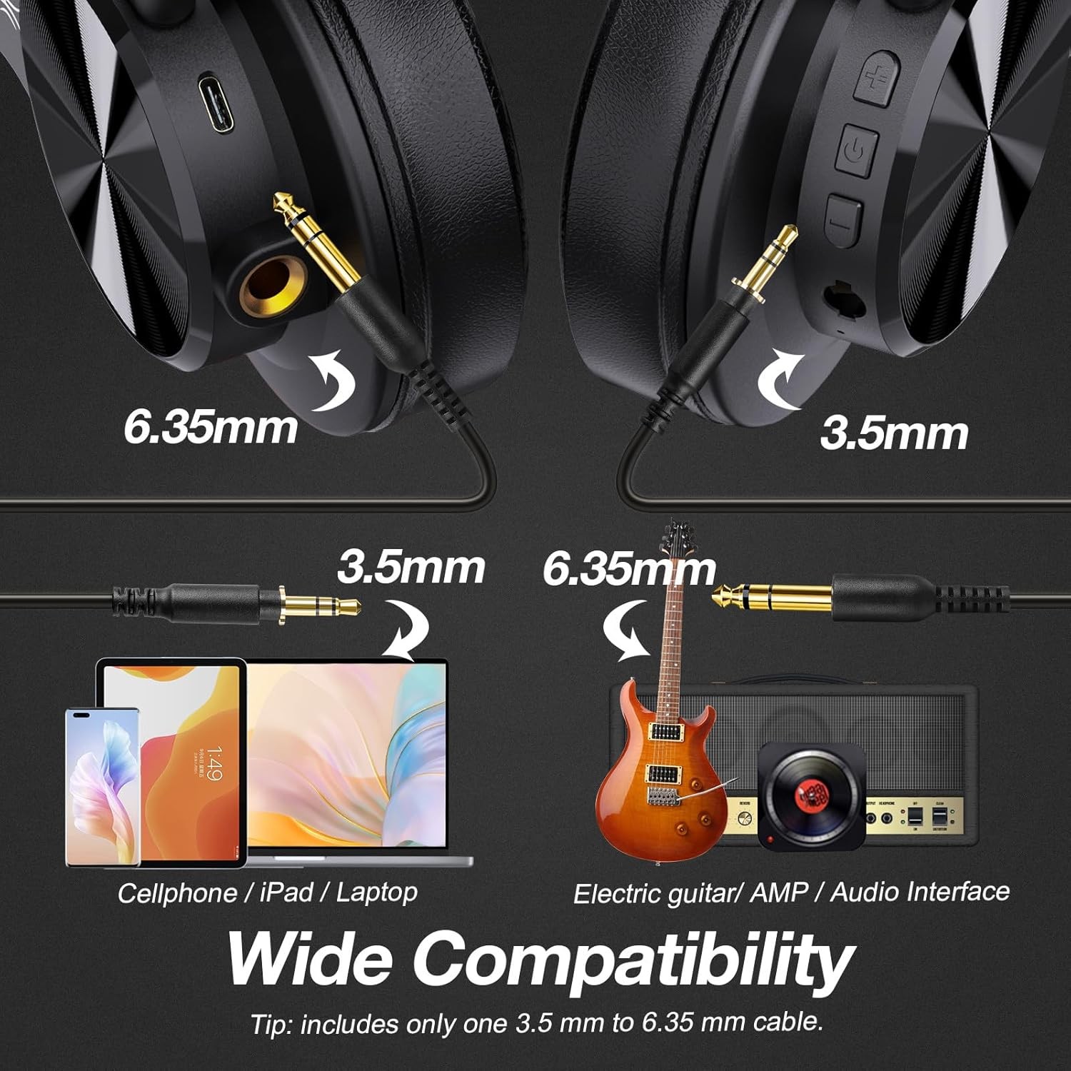 Bluetooth Wireless Headphones, 72H Playtime, 3.5Mm/6.35Mm Wired Audio Jack