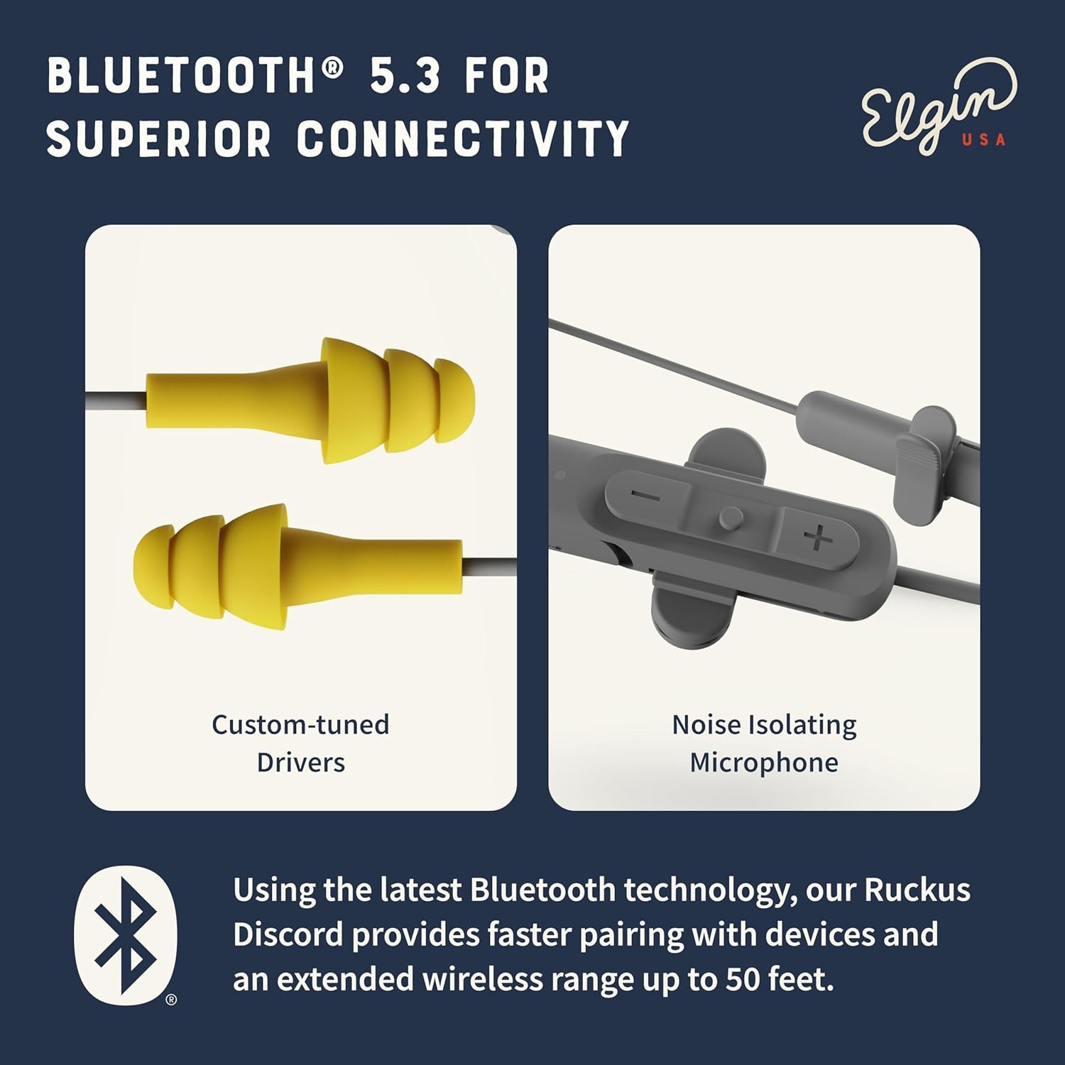 Elgin Ruckus Wireless Bluetooth Earplug Headphones, 25 dB NRR, Noise Orange
