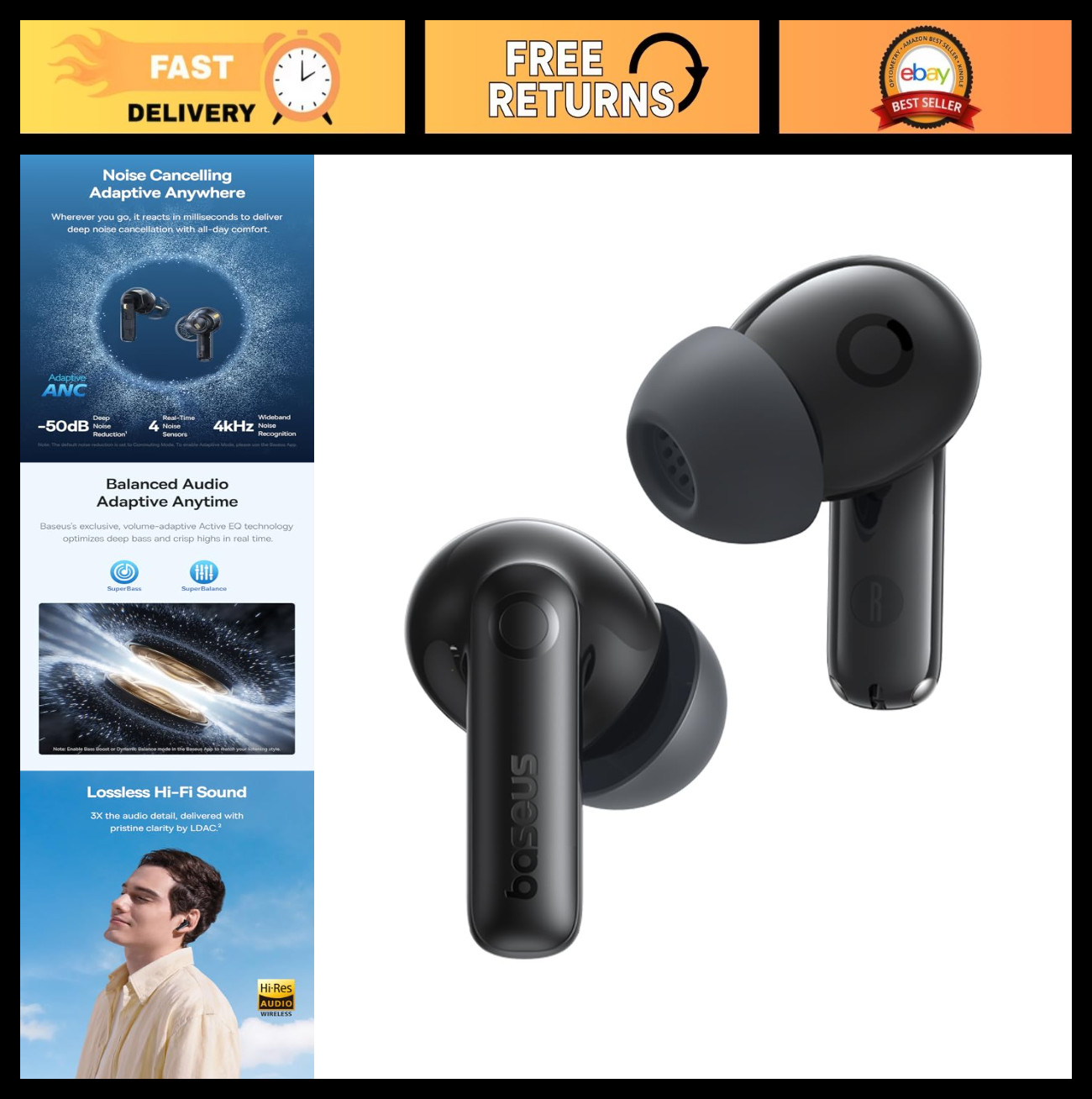 Noise Cancelling Wireless Earbuds, 55H Playtime, 6-Mic Clear Calls, IP55 Waterpr