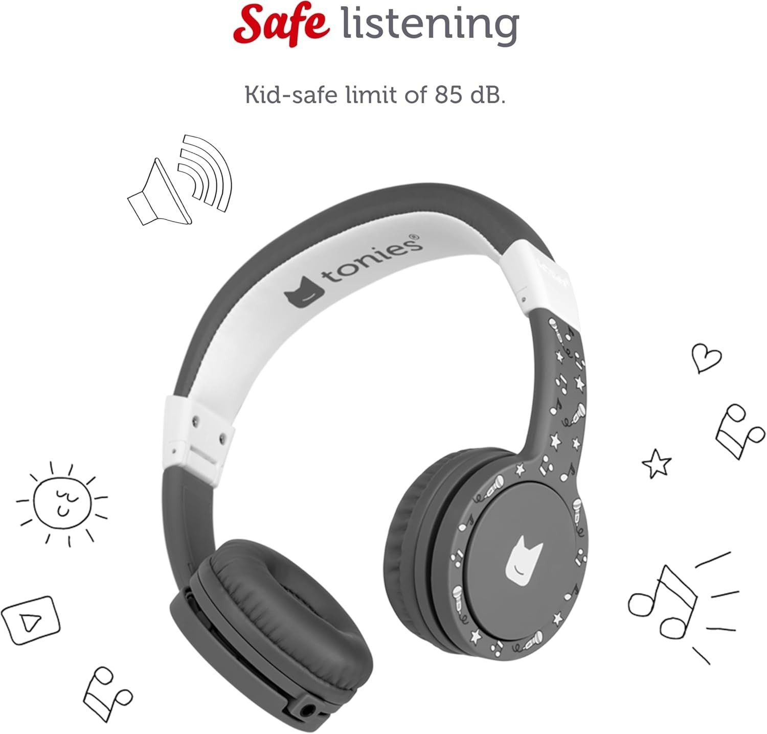 Tonies Kids Safe Headphones On-Ear Foldable Audio 85dB Gray Wired 3.5mm Toniebox