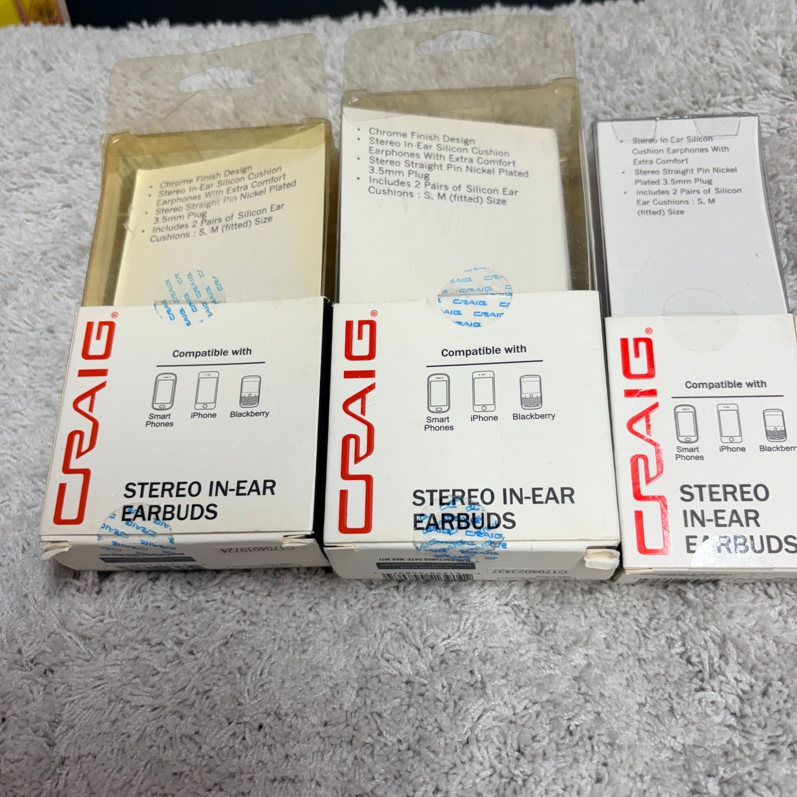 Craig Stereo In-Ear Earbuds 3 Pack Bundle Black White Blue 3.5mm Jack CHP4807