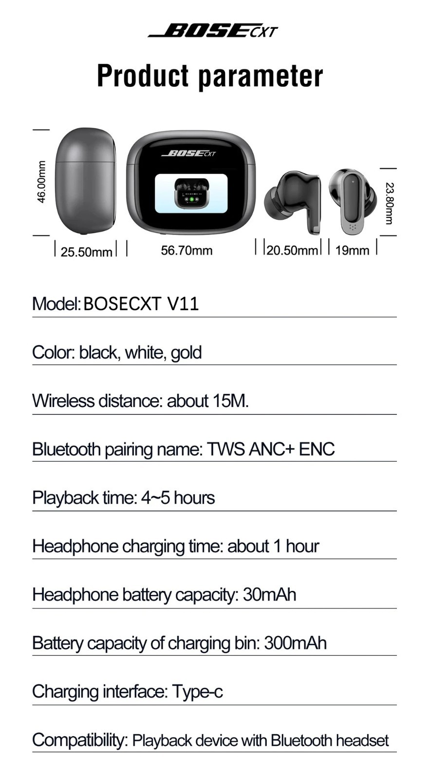 BOSECXT TWS Earbuds Bluetooth 5.3 ANC Wireless Headphones Smart Touch Screen