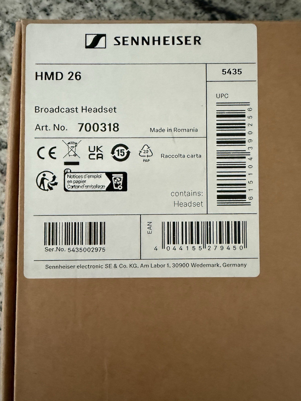 Sennheiser HMD 26 Dual-Ear On-Ear Headset with Dynamic Microphone – Brand New