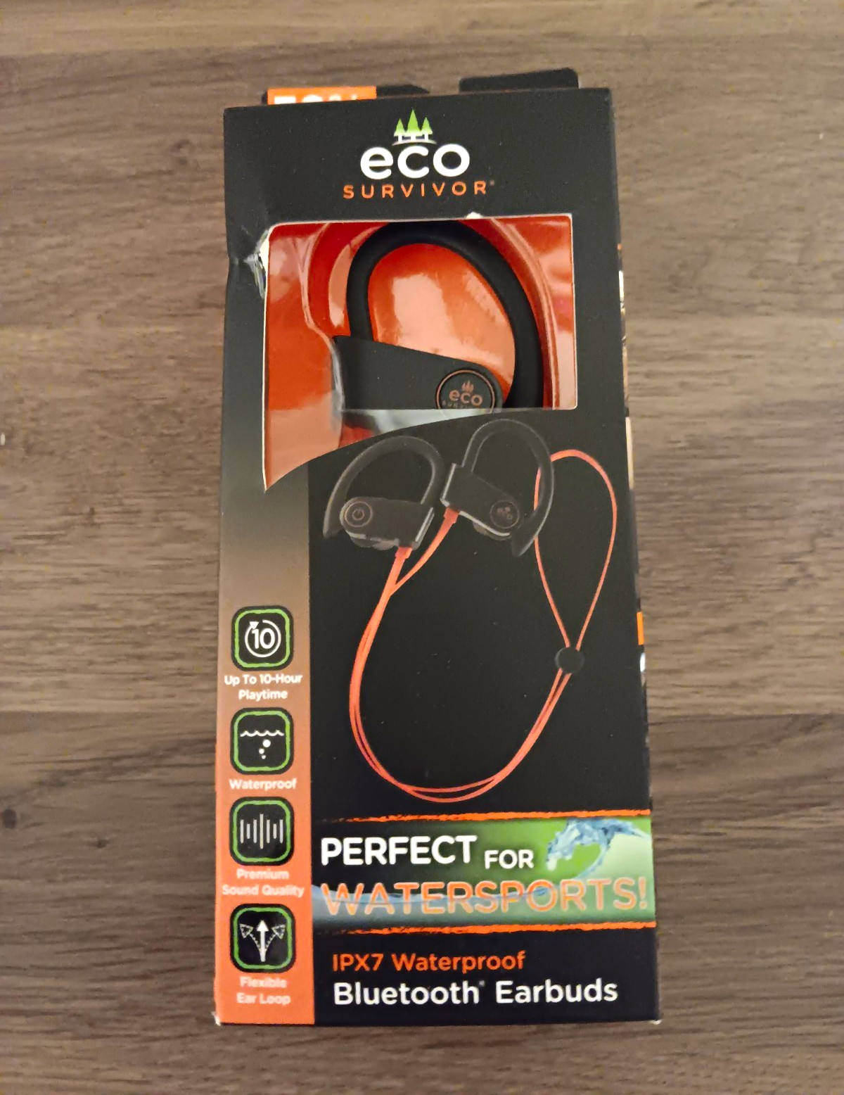 EcoSurvivor IPX7 Waterproof Bluetooth Earbuds w/ Mic, Ear-Hook Black/Orange