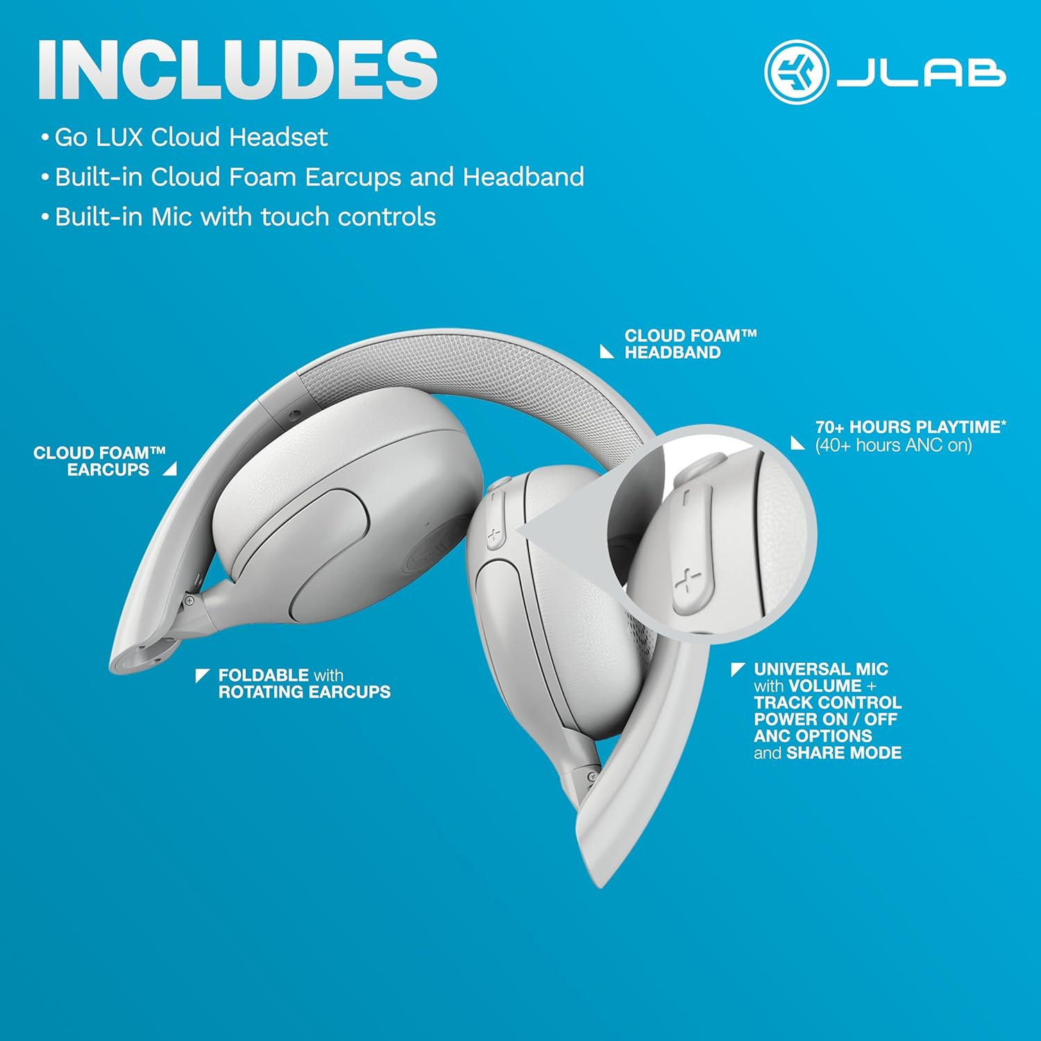 Go Lux ANC Wireless Headphones, Cloud White, Hybrid Active Noise Cancelling, Pre