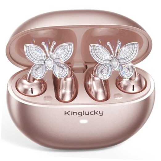 Clip-On Open Ear Earbuds with Detachable Butterfly Earrings, Rose Gold