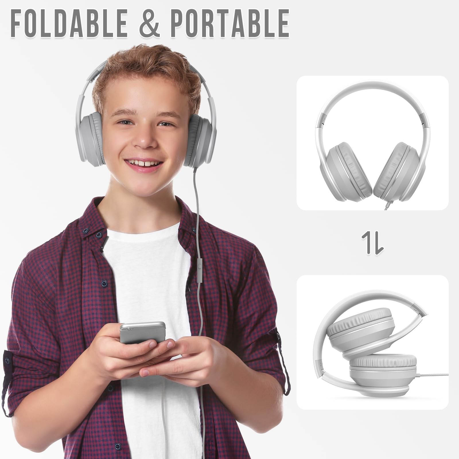 L22 Wired Headphones for Kids Girls Boys Women with Microphone, Foldable Ster…
