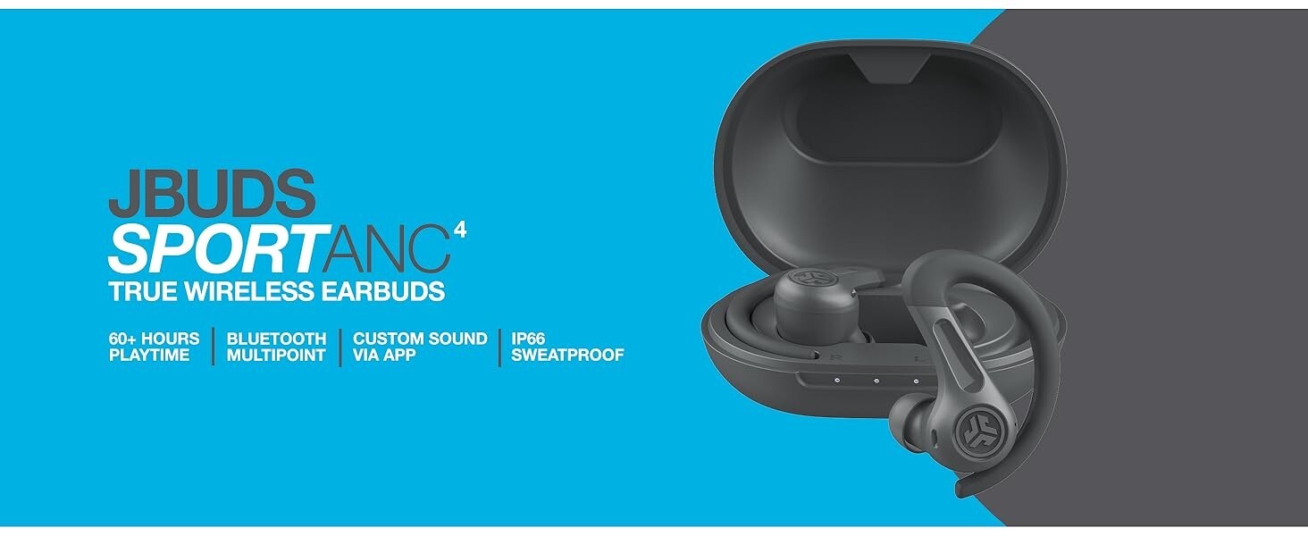 JLab JBuds Sport ANC 4 Bluetooth Earbuds, Sporthook, Fitness & Gym – Cobalt NIB