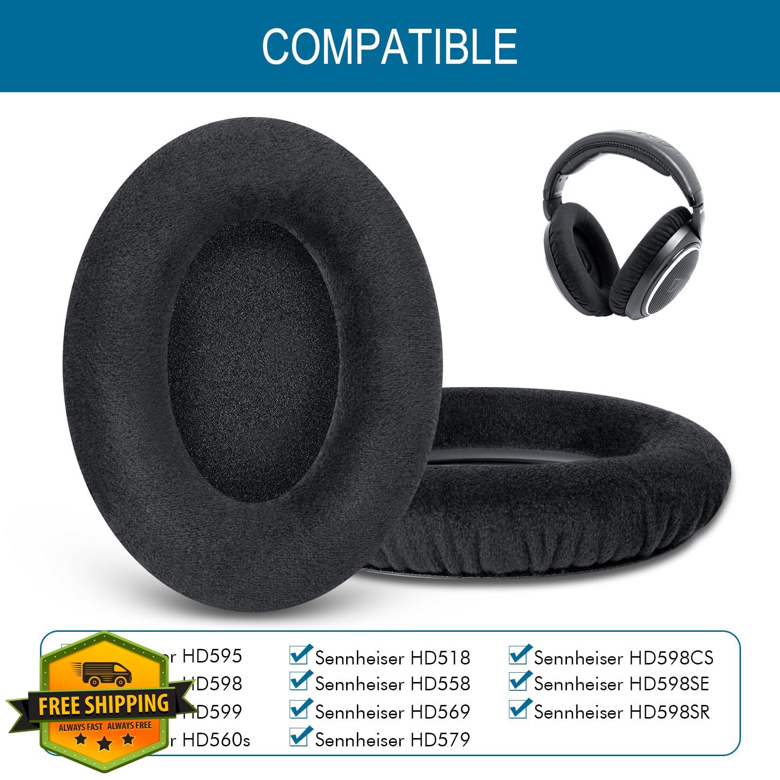 GEVO Earpads Velour for Sennheiser HD598 HD518 HD558 HD599 HD569 HD560S Black