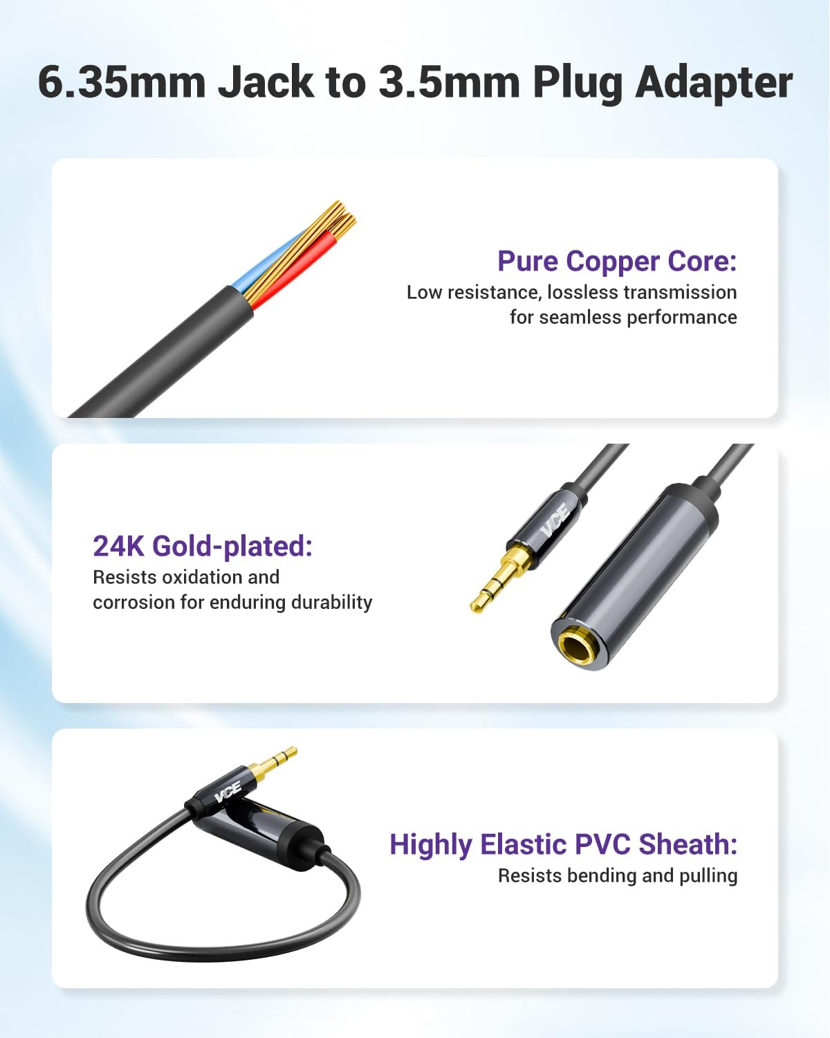 VCE 1/4 to 3.5mm Adapter, 3.5mm 1/8 inch Male to 6.35mm 1/4 inch Female Audio Ja