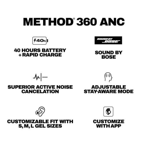 Skullcandy Method 360 ANC Wireless Earbuds, Sound by Bose, Bluetooth Headphones