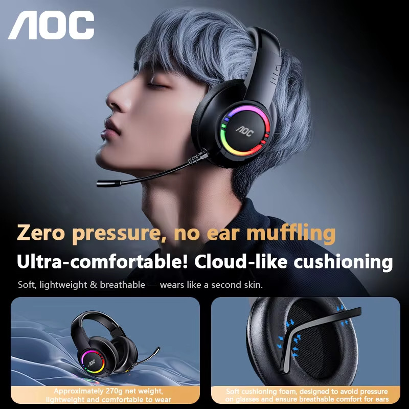 AOC USB Gaming Headset Compatible with PS5/4 Nintendo Switch Noise Canceling Mic