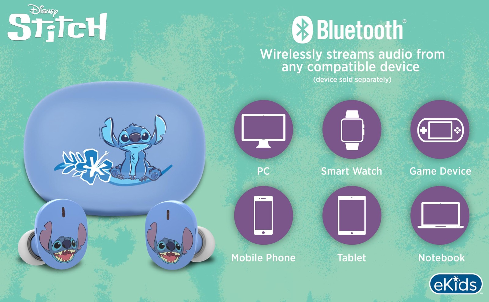 Disney Stitch Wireless Earbuds for Kids, Bluetooth One Size,