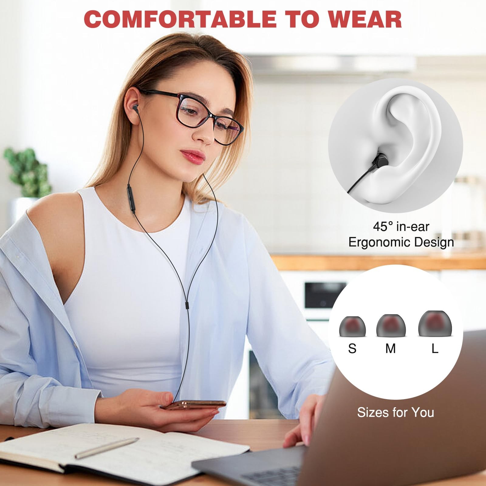 ASKUBSKU 3.5mm Headphones 5.9 ft Long Cord Wired Earbuds with Black