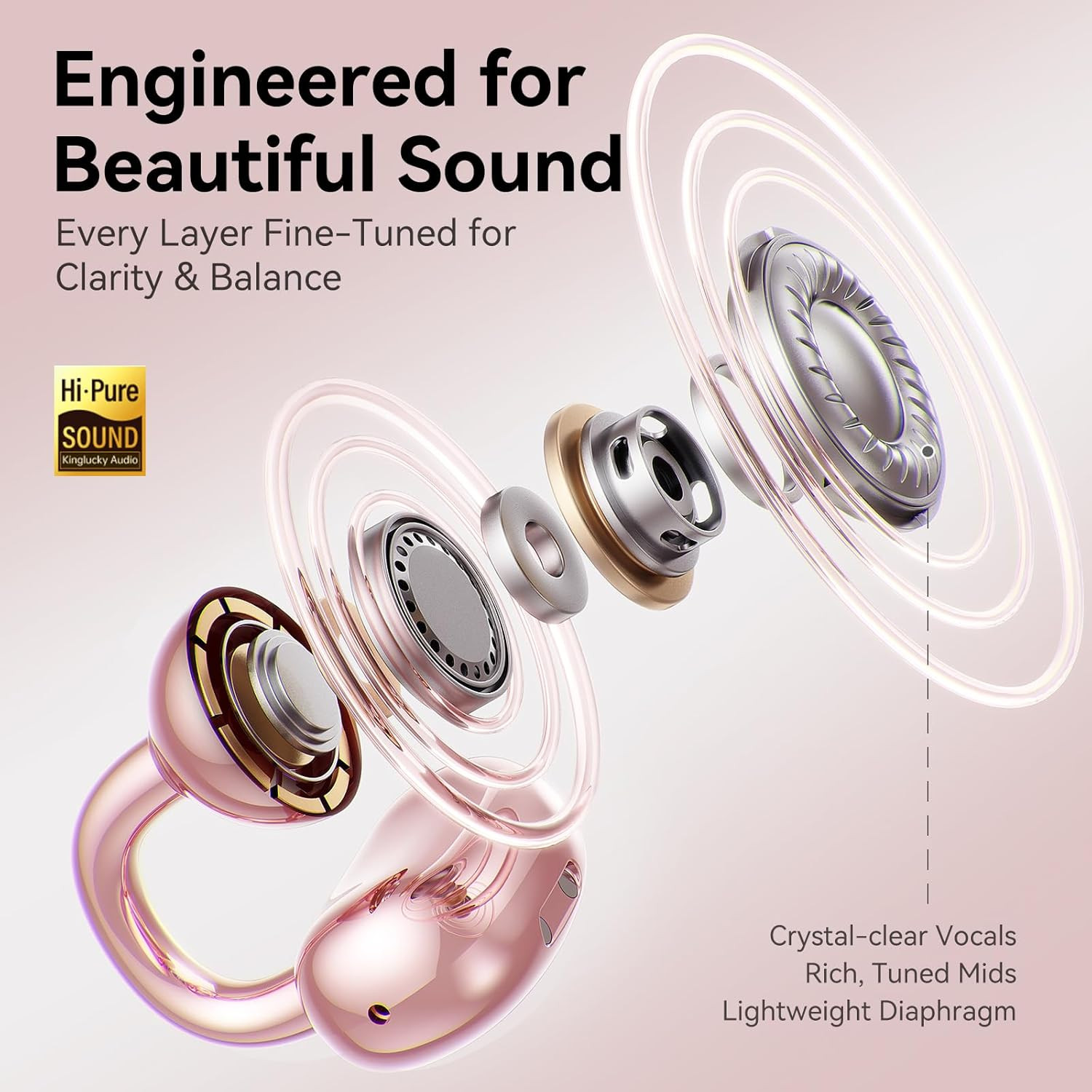 Rose Gold Bluetooth 5.4 Open Ear Earbuds with Detachable Diamond Earrings