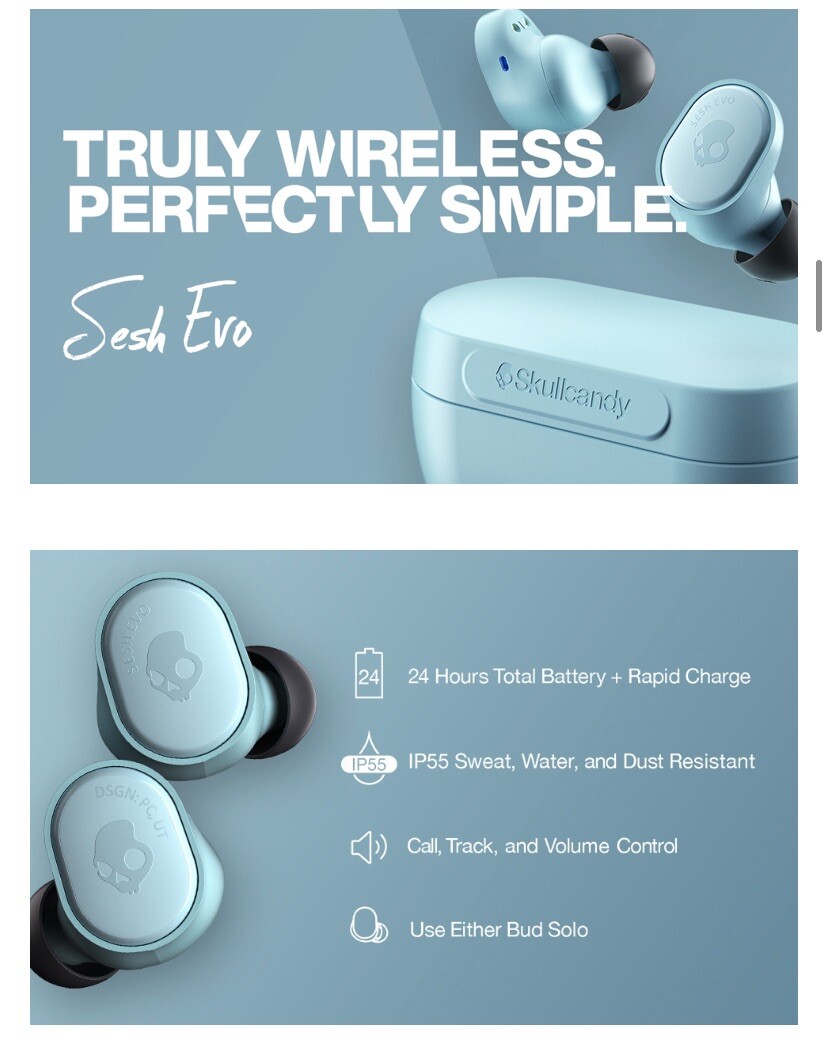 Skullcandy Sesh Evo True Wireless Earbuds via Bluetooth IP55 Sweat,Bleached Blue