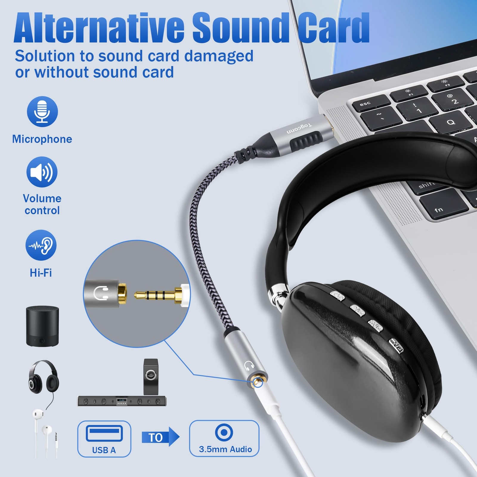 USB 3.0 Male to 3.5mm TRRS 4-Pole Female Headphone Jack Adapter, USB-A to Aux Au
