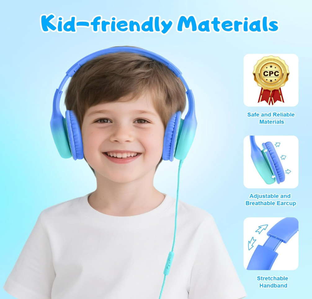 Kids USB-C Wired Over-the-Ear Headphones with Microphone, Volume Control/Limit