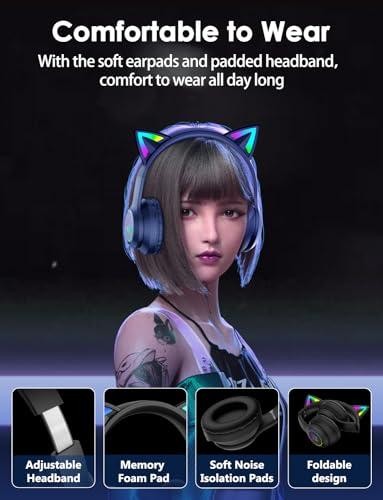 Cat Ear Bluetooth Headphones for Kids & Adults, 55H Play Time, Wireless Foldable