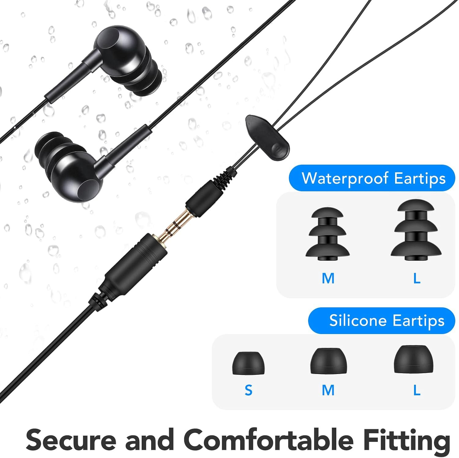 AGPTEK IPX8 Waterproof In-Ear Earphones, Coiled Cable Swimming Earbuds with Ster