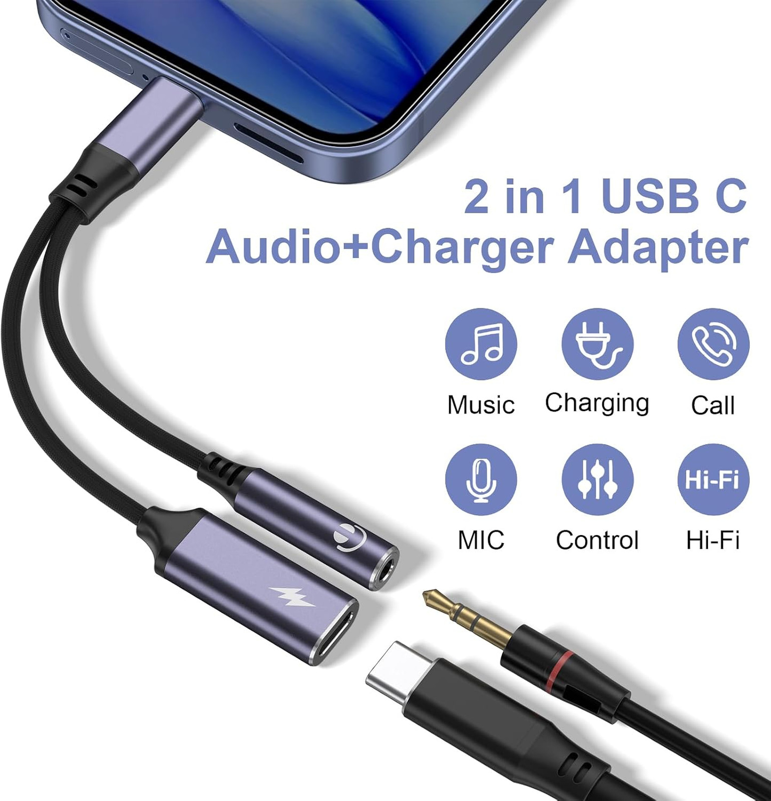 USB C to 3.5mm Headphone and Charger Adapter 2 in 1 with 60W PD Fast Charging