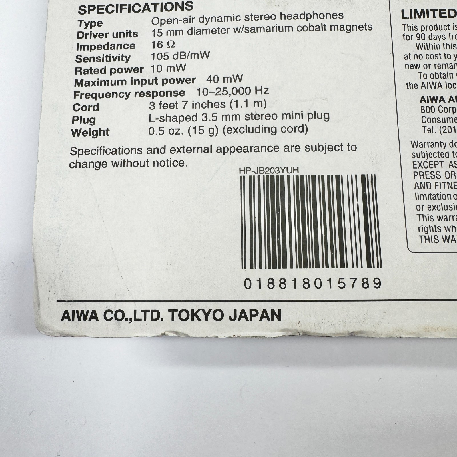 Aiwa HP-JB203 Vertical In Ear Stereo Headphones In Line Volume Control Rare New