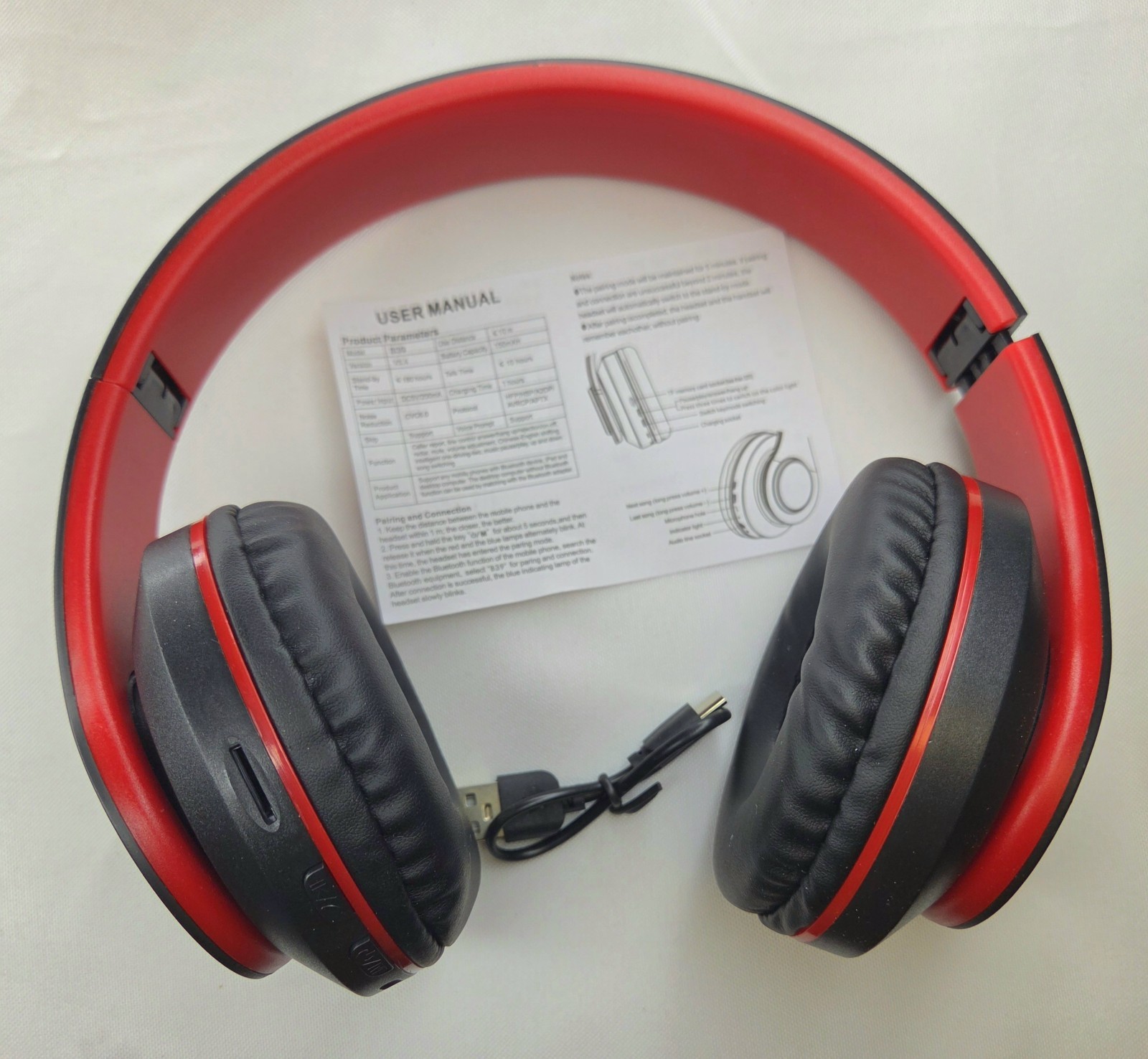 B39 Bluetooth Headset Wireless Hi-Fi Lights Over-Ear Headphones Red Black