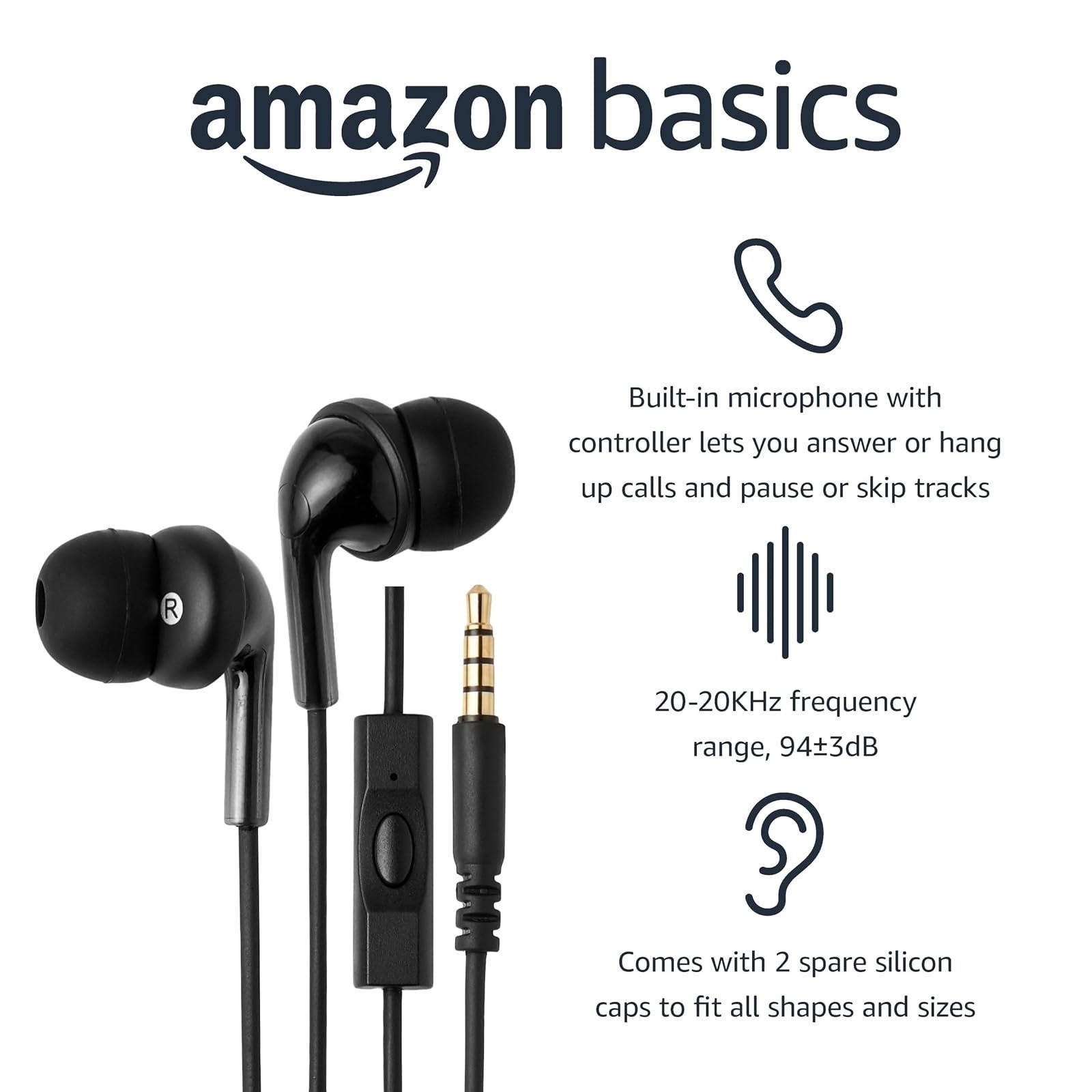 Amazon Basics Wired Earbuds with Microphone, 3.5mm Jack, Black