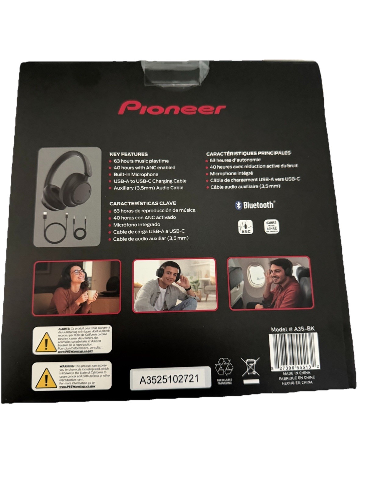 Pioneer A35-BK Bluetooth ANC Over-Ear Headphones w/ Built-In Mic, Black