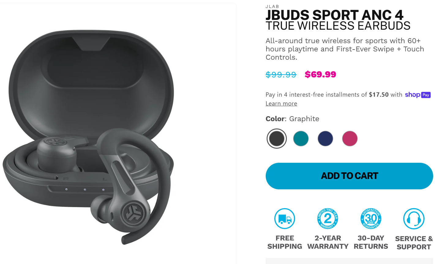 JLab JBuds Sport ANC 4 Bluetooth Earbuds, Sporthook, Fitness & Gym [Excellent]