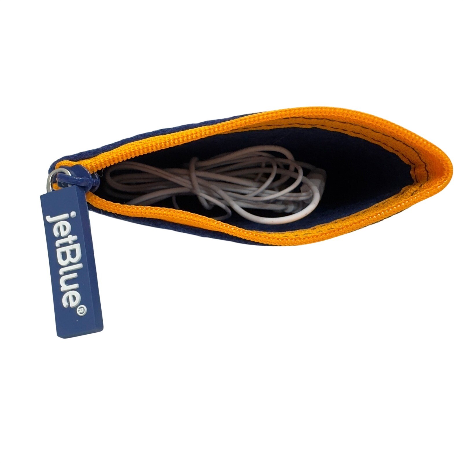 JetBlue Airline Amenity Wired Headphones Earbuds with Blue Felt Zipper Pouch