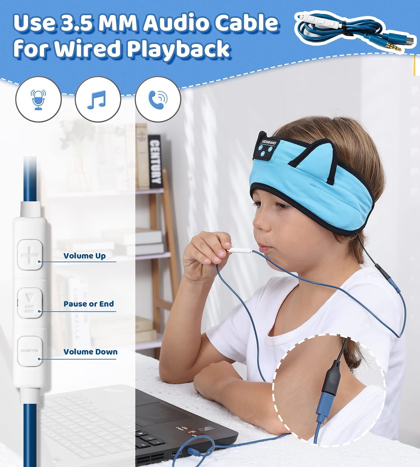 KIDSBAND Kids Headphones Bluetooth Headband 1 Count (Pack of 1), Blue