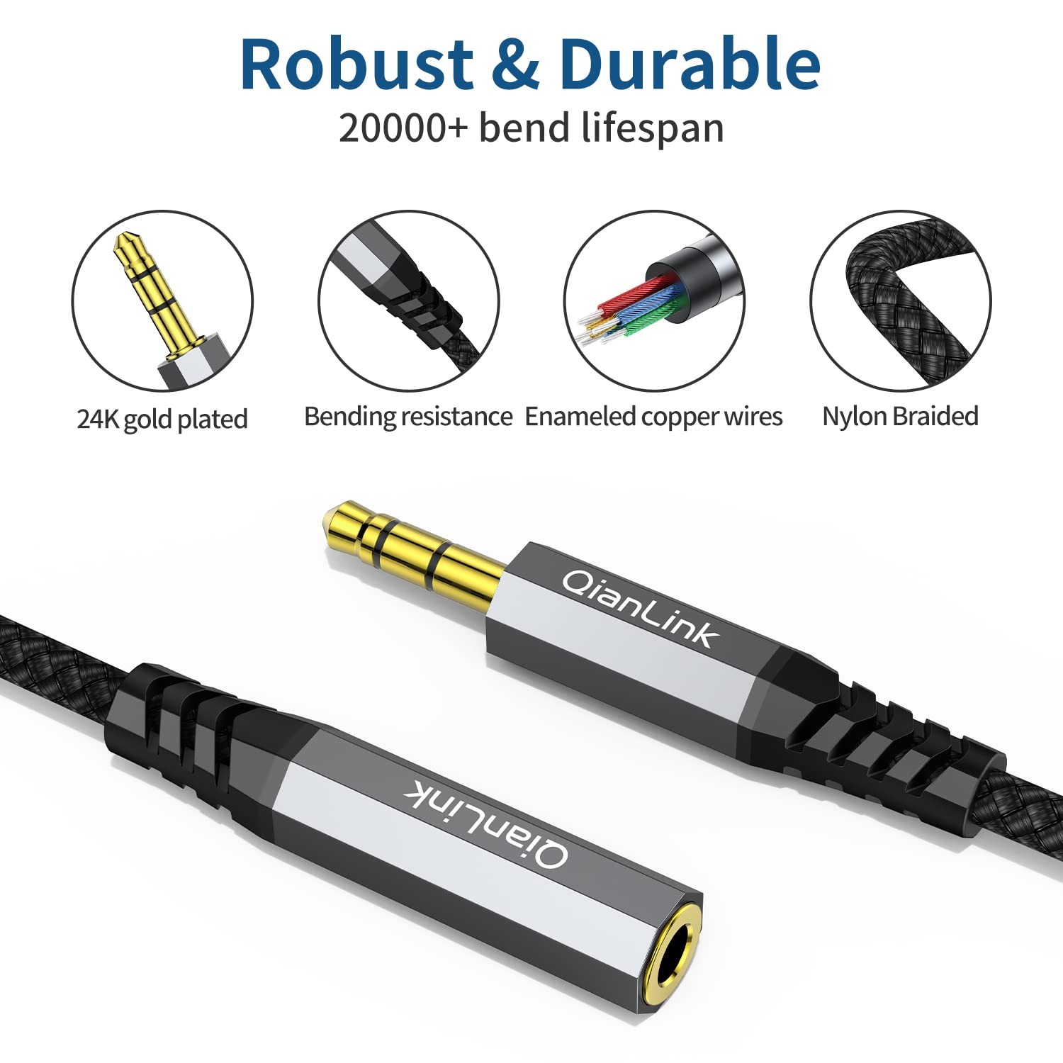 QianLink Headphone Extension Cable, (2-Pack, 6.6ft) 3.5mm Extension Audio Male t