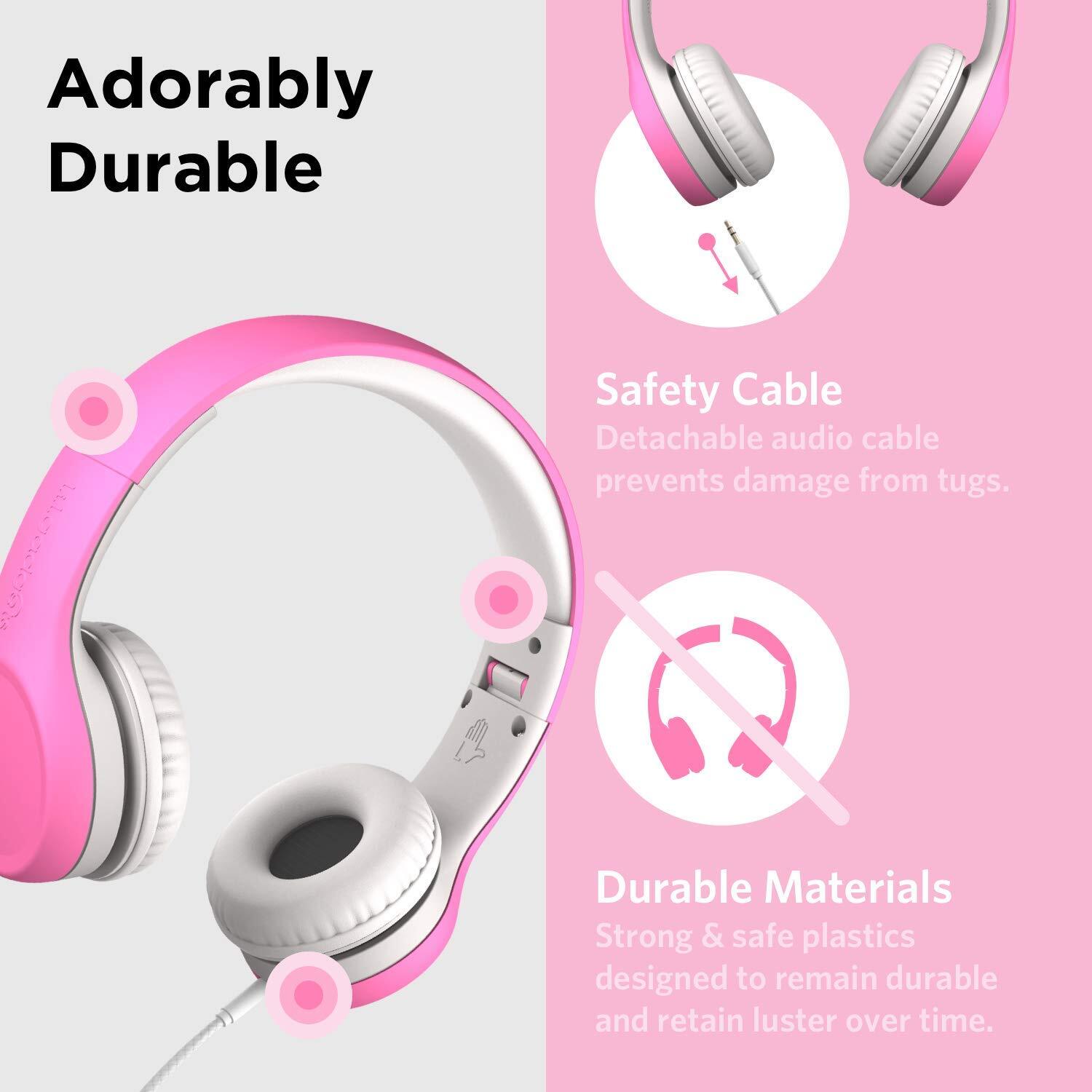 Pink Connect+ Girls Headphones for School Wired Microphone Volume Limiting Safe