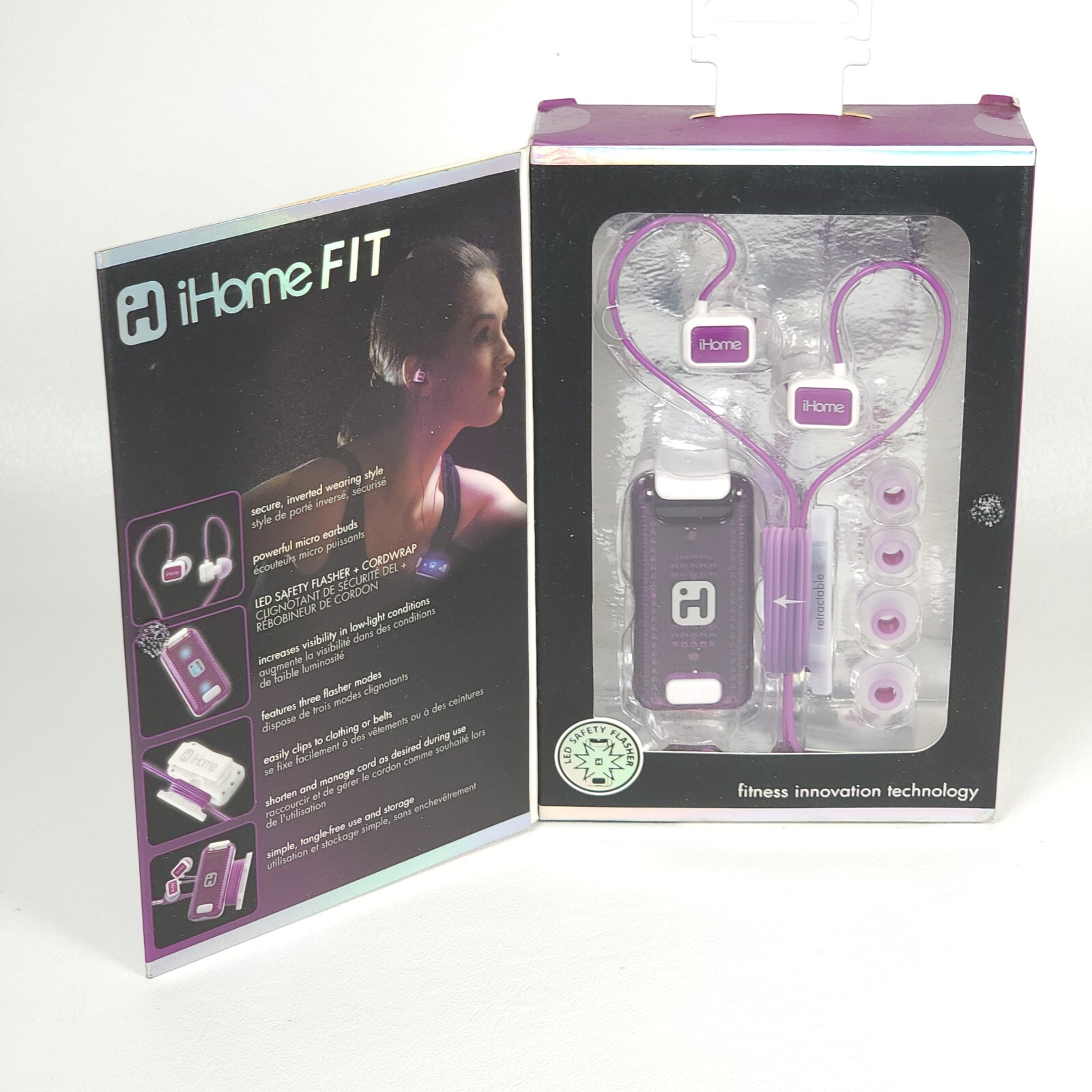 iHome Fit iB12WU Purple White Fitness Earbuds with Charger & Safety Flasher