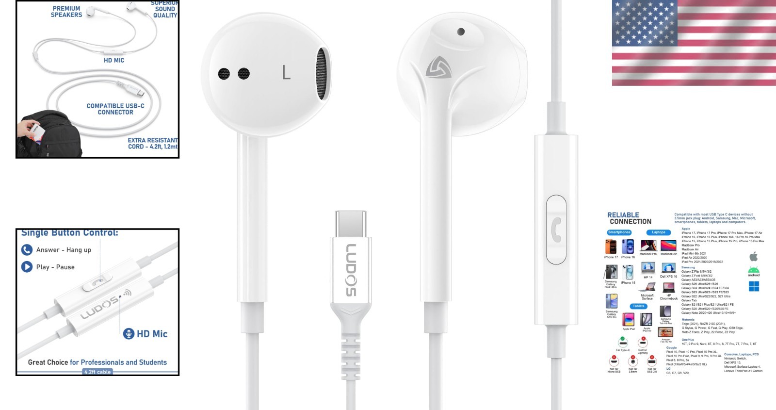 In Ear USB C Headphones for Music Gaming Travel Compatible with Multiple Devices