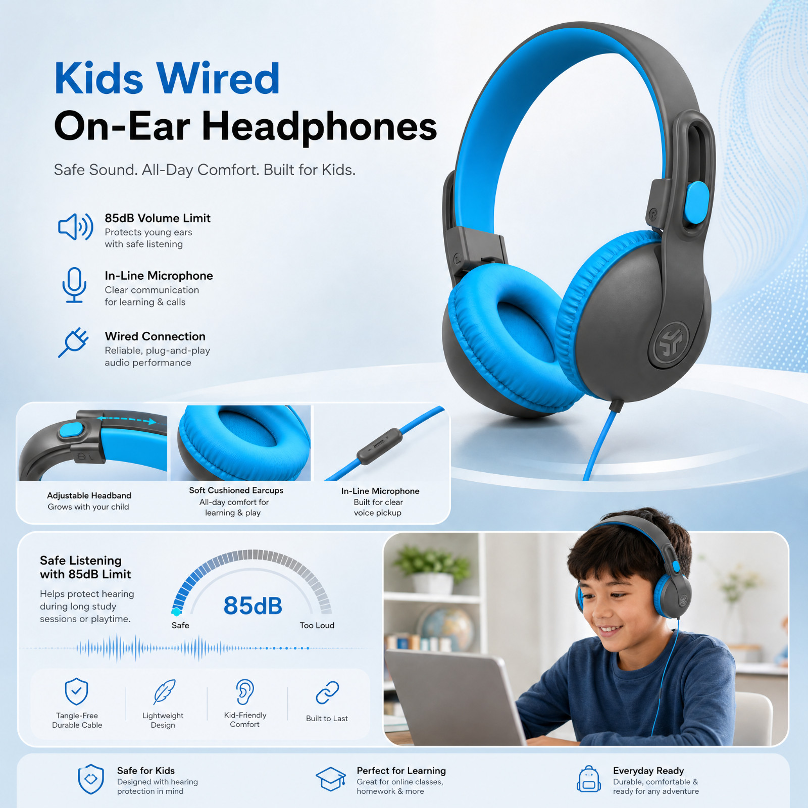Kids Wired On-Ear Headphones 85dB Volume Limited Mic 3.5mm Black Blue