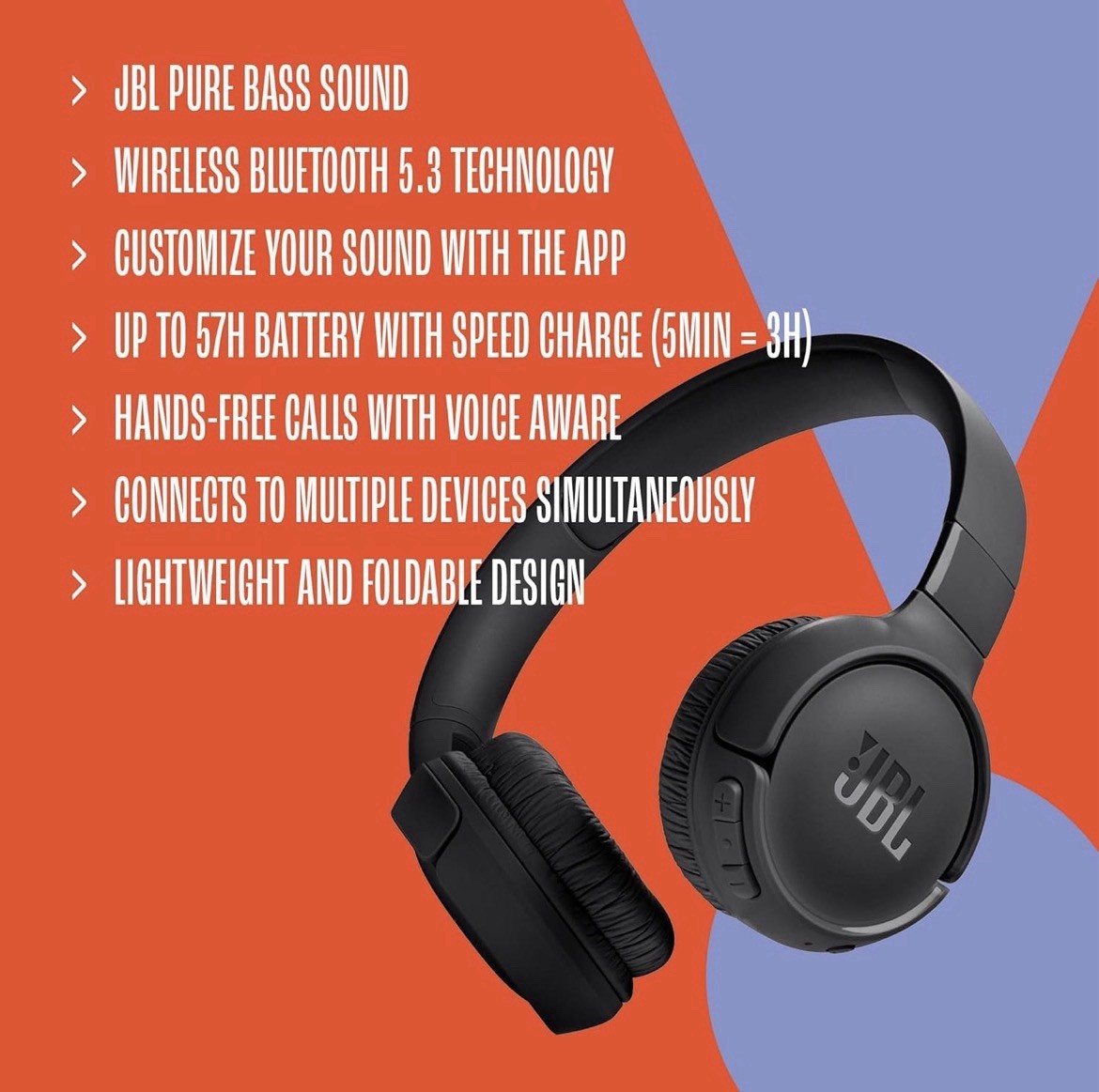 JBL Tune 520BT – Wireless On-Ear Headphones Up to 57H Battery Life Black