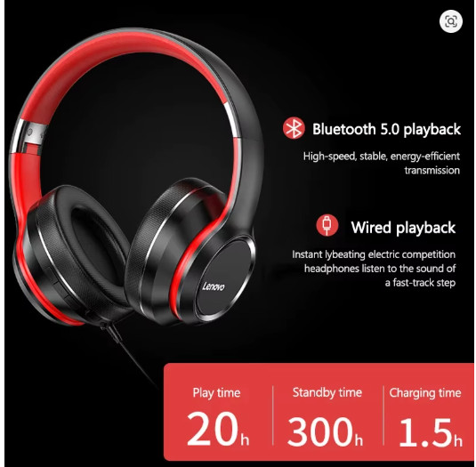 Lenovo HD200 Bluetooth Headphones Wireless Over-Ear HiFi Stereo Gaming Headset