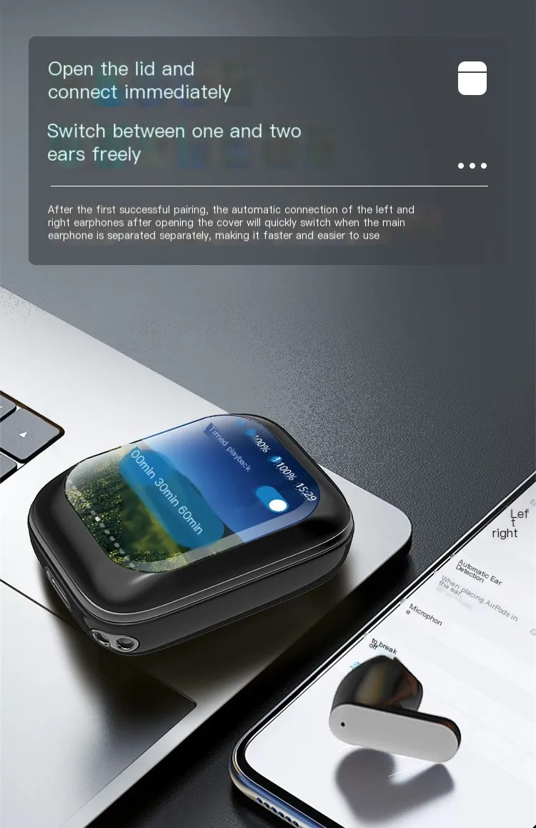 Slide-out True Wireless Bluetooth Touch Screen Headphones For Android IOS
