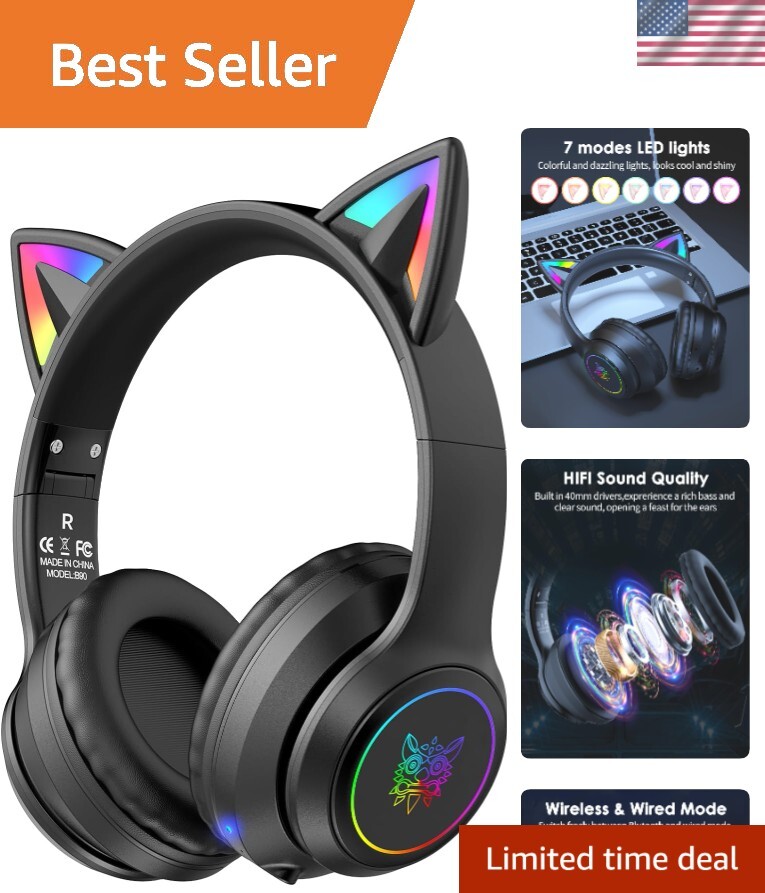 Cat Ear Bluetooth Headphones with Micphone for Kids & Adults, LED Light Up Wi…