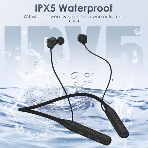 1-Year Quality Support – Black Bluetooth Headphones – Round Neckband – 1000H