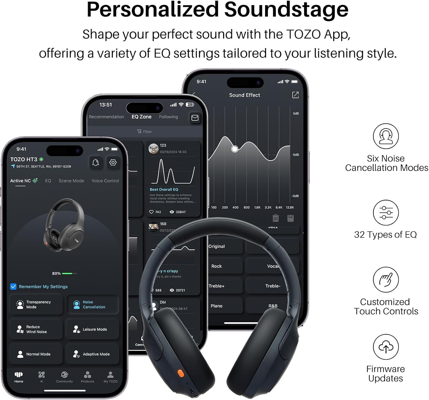 Gold HT3 Hybrid Noise Cancelling Headphones, 90H Battery Life Wireless Over Ear