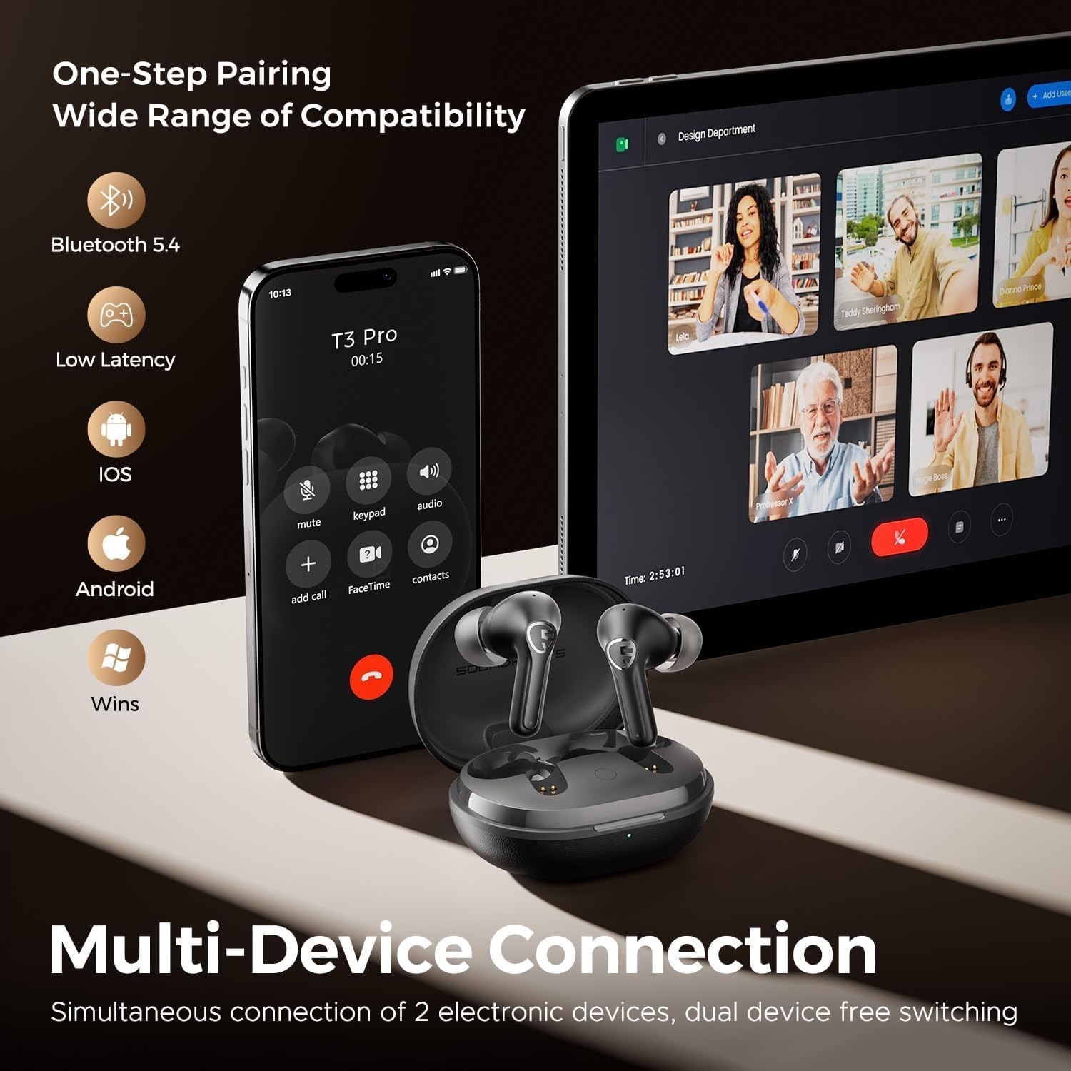 SoundPEATS T3 Pro Wireless Earbuds, 12mm Drivers Bass Stereo, Bluetooth 5.4