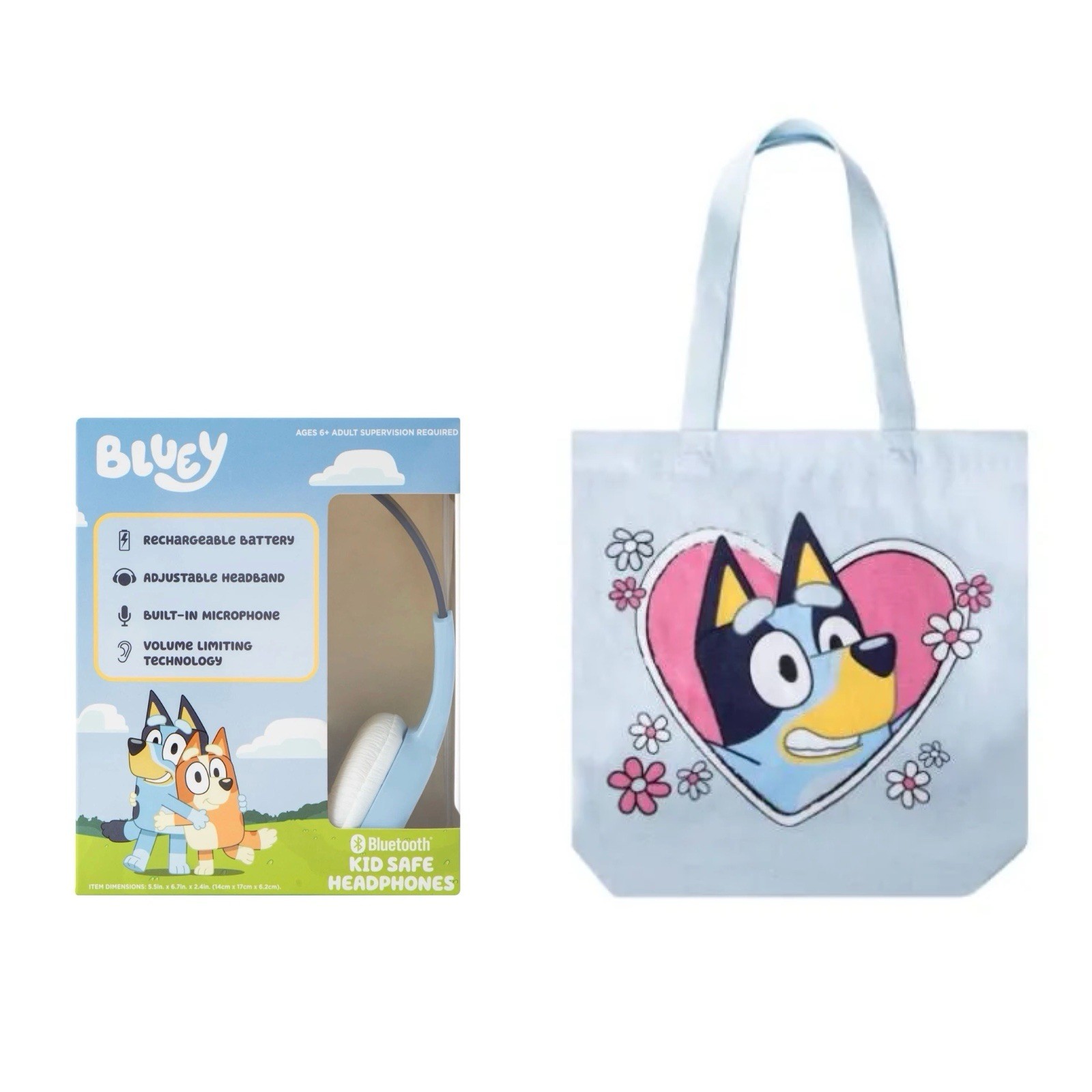 New 2pc Bluey Bluetooth Wireless Headphones & Large Capacity Tote Bag