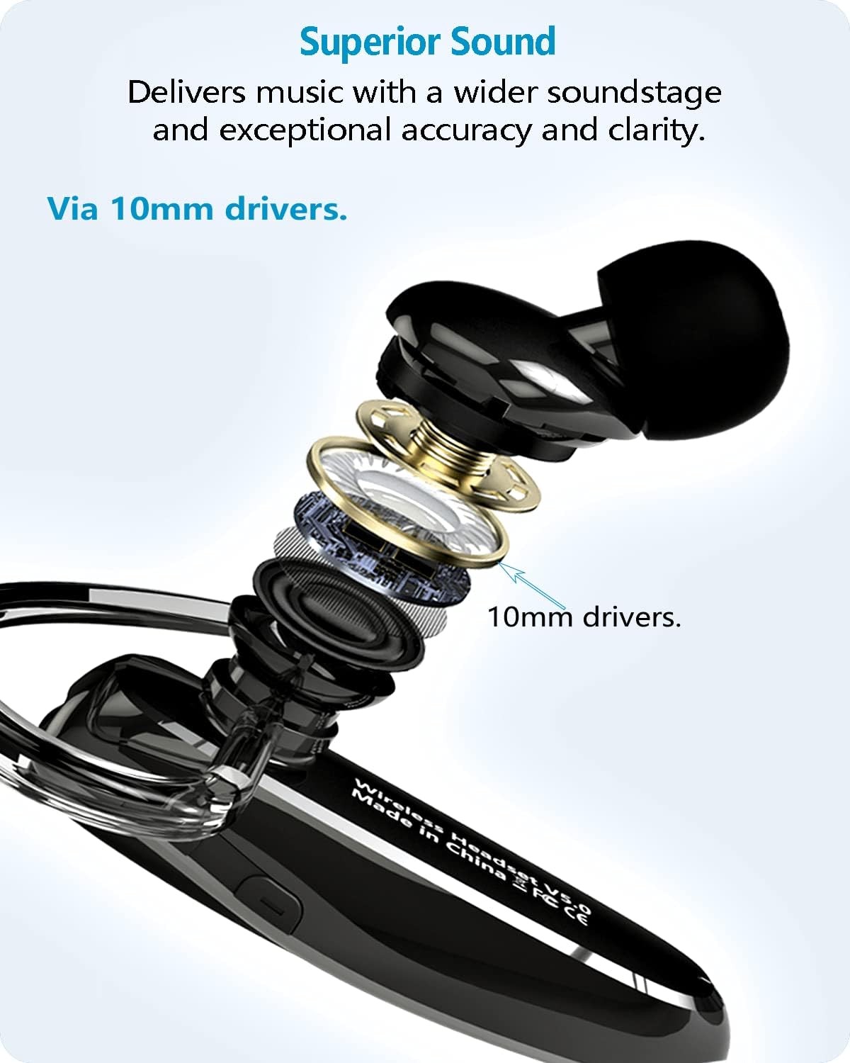 Bluetooth Headset, V5.1 Ultralight Wireless Handsfree Earpiece Cell Phone with